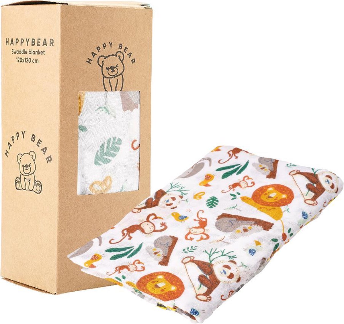 HappyBear - Hydrofiele swaddle doek – Wilde Dieren | 120cm x 120cm | Inbakerdoek