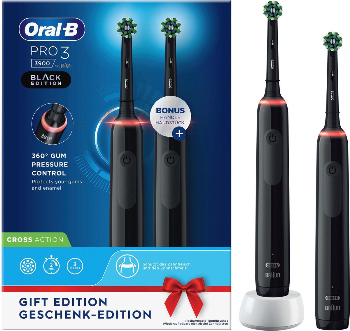Oral-B Pro 3 3900 - Zwart - Elektrische Tandenborstel - Ontworpen Door Braun - 2 Handvatten en 2 opzetborstels
