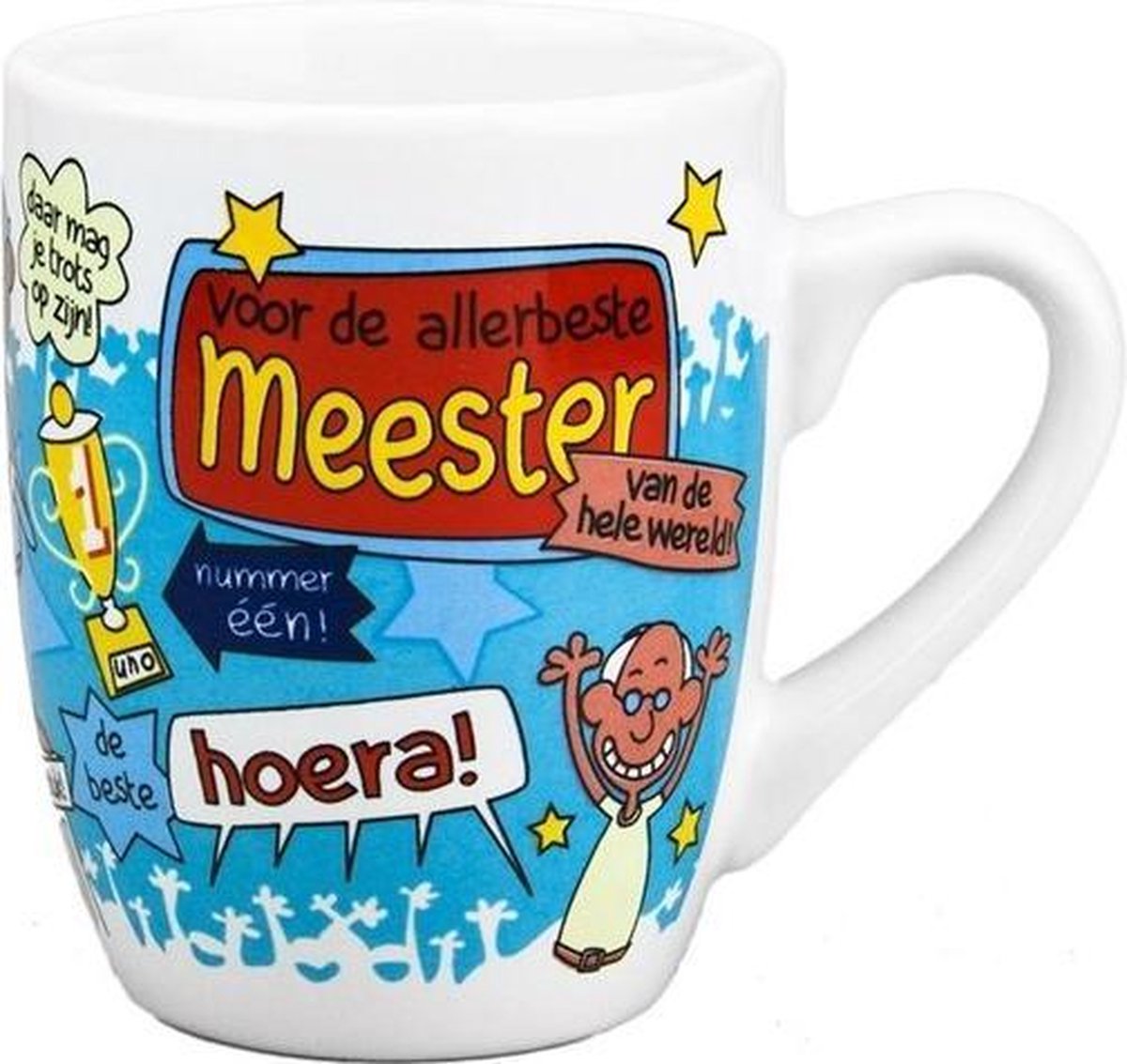 Mok - Cartoon Mok - Voor de aller- allerbeste Meester - Gevuld met een dropmix - In cadeauverpakking met gekleurd krullint