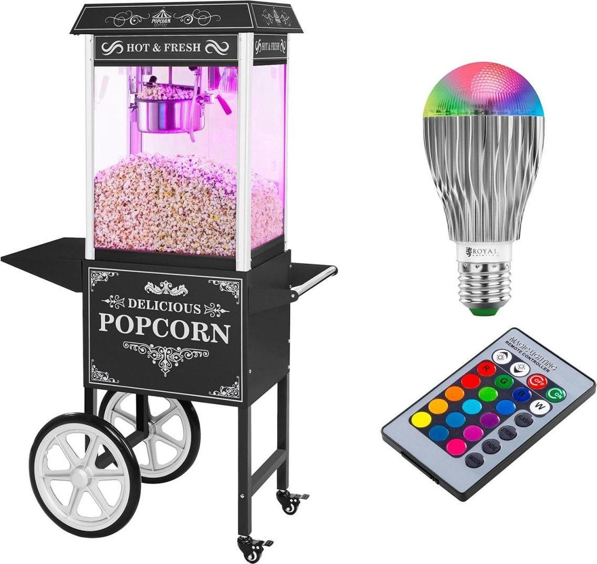 Royal Catering Popcorn Machine met onderstel und LED-belichting - Retro-Design - zwart