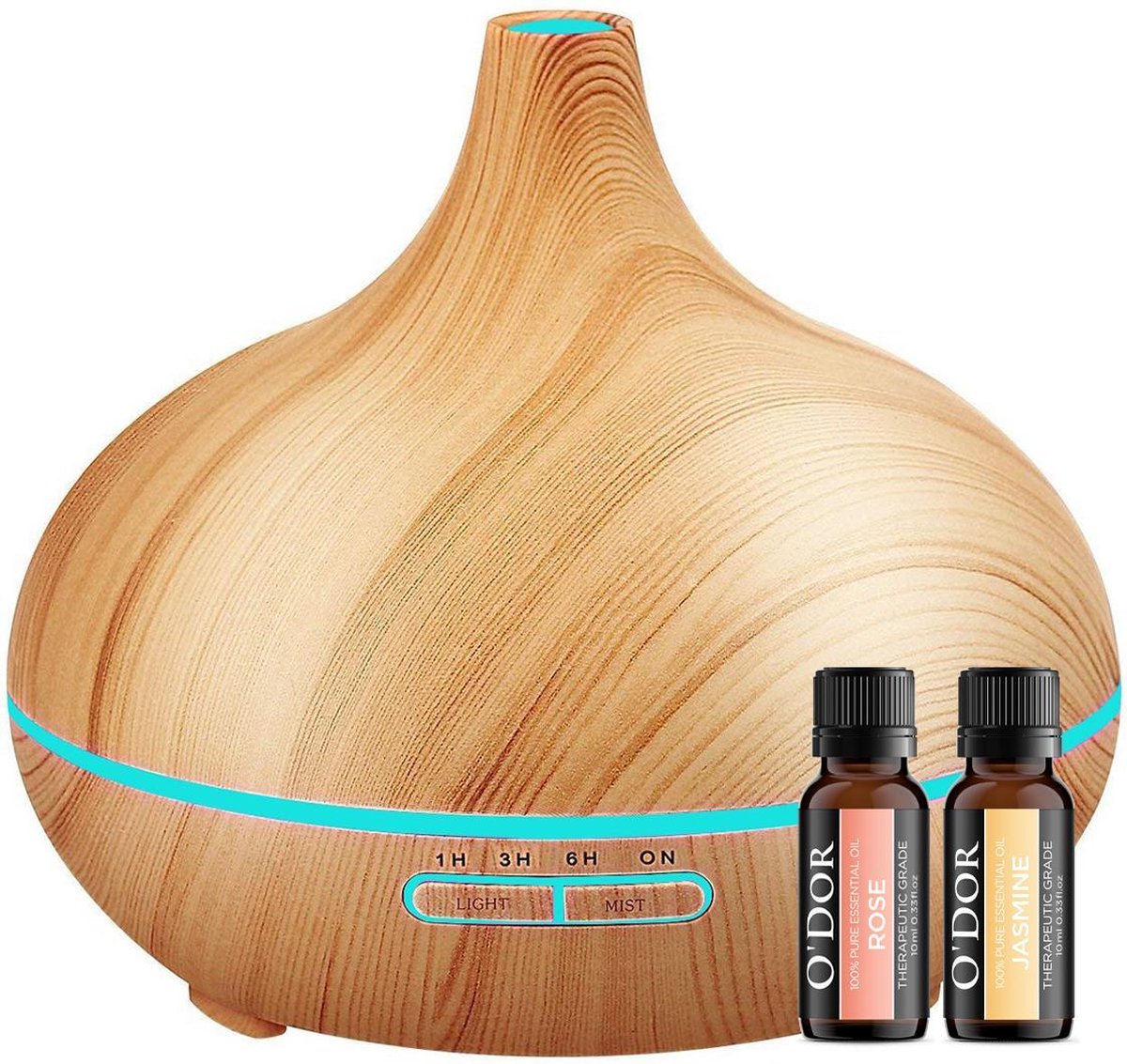 O'dor® Aroma Diffuser met EXTRA Jasmijn + Roos Etherische Olie - Ultrasone Vernevelaar Bevochtiger Verdamper- Hout Look