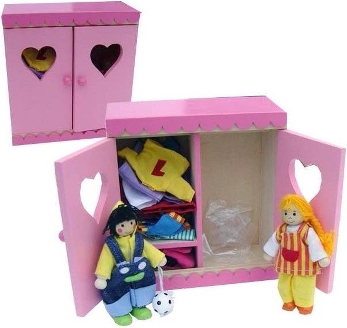 Houten linnenkastje roze met popjes en kleding