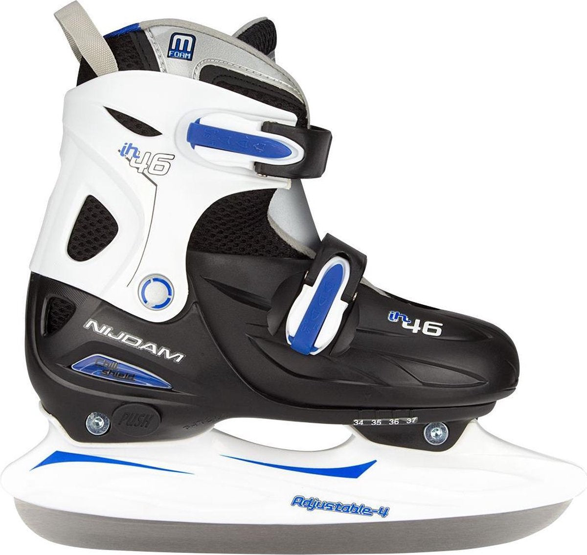 Nijdam IJshockeyschaats Junior Verstelbaar - Hardboot - Zwart/Zilver/Blauw - 30-33
