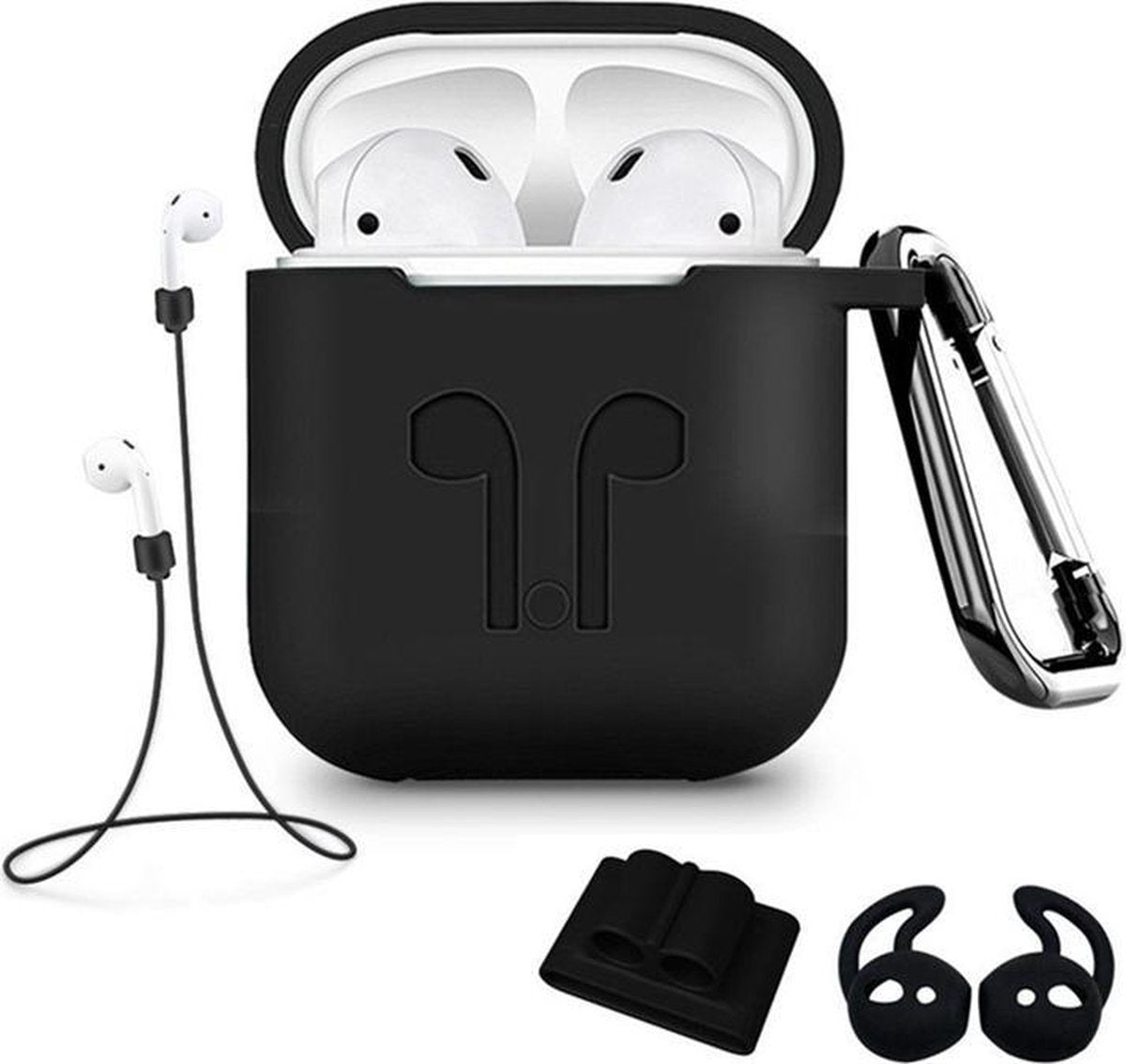 5 in 1 set  Siliconen case cover hoesje geschikt voor Apple Airpods - Zwart