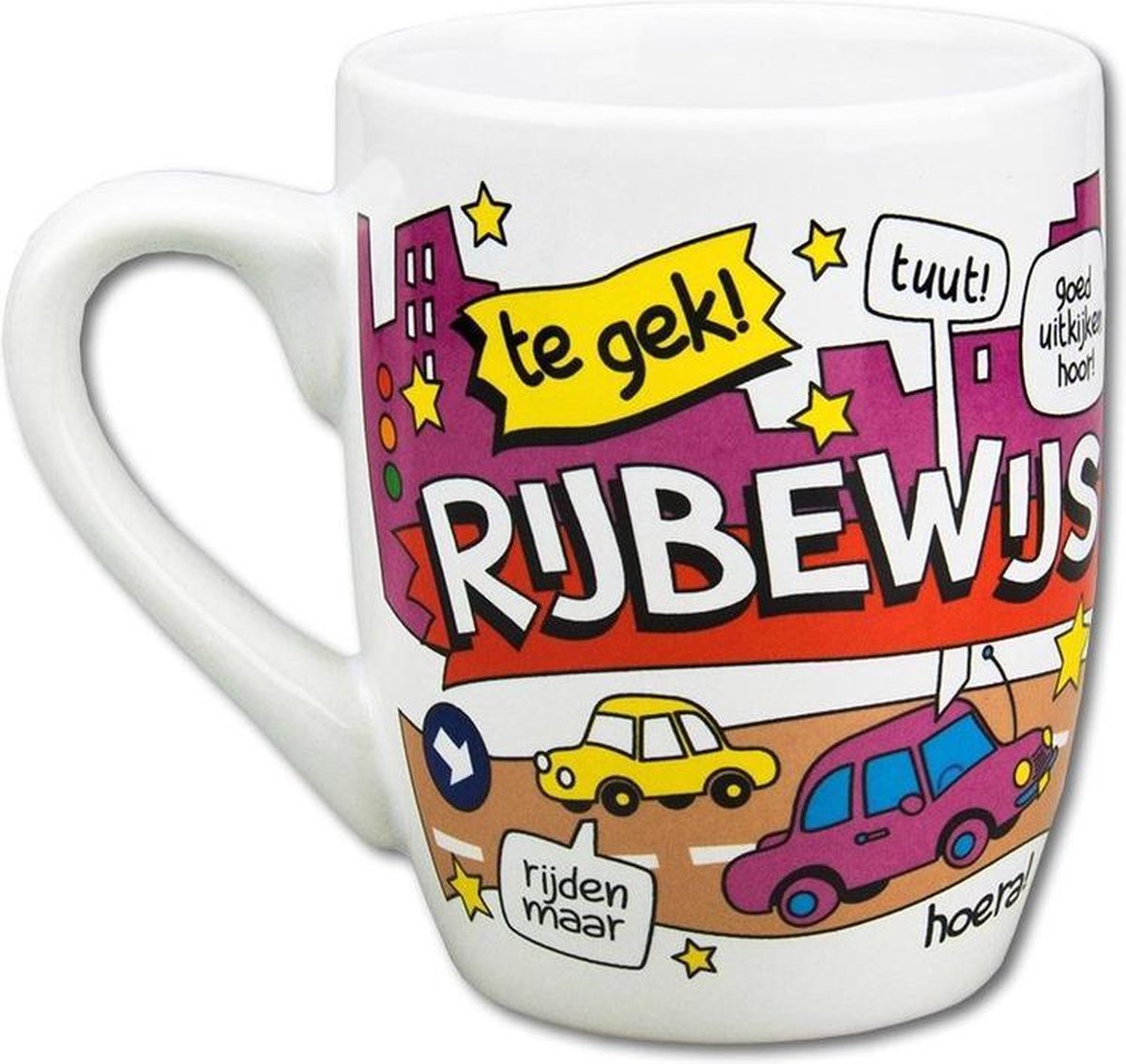 Mok - Cartoon Mok - Proficiat met je rijbewijs - Gevuld met verpakte Italiaanse bonbons - In cadeauverpakking met gekleurd krullint