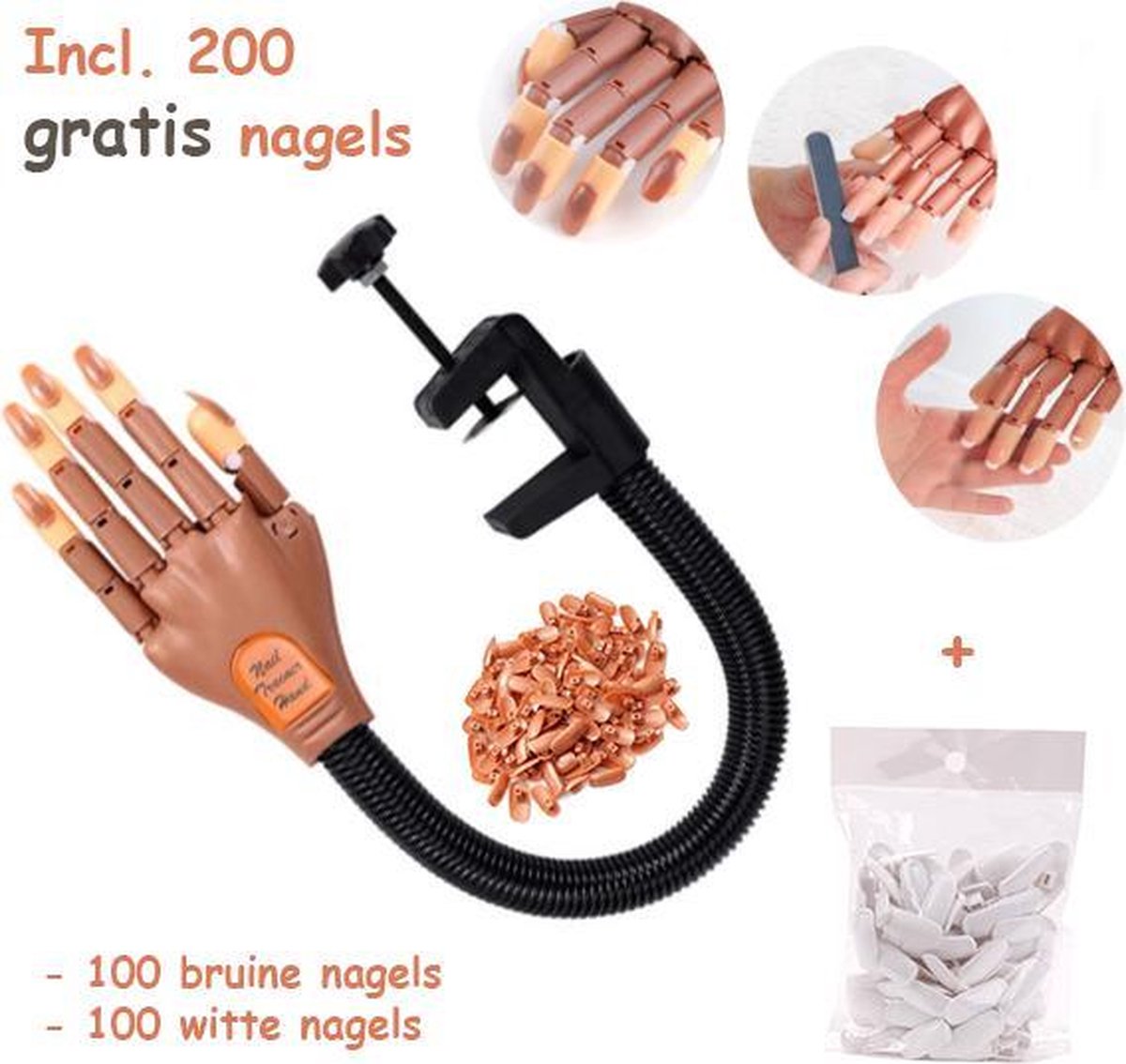 Oefenhand voor kunstnagels– Nail art – All-in-1 set – Incl. 200 Gratis kunstnagels - Nagel set – Nail trainer – Nail tips – Acrylnagels starterspakket – Nagel – Nail trainer hand – Oefen hand nagels - Nailtrainer nagel oefenhand