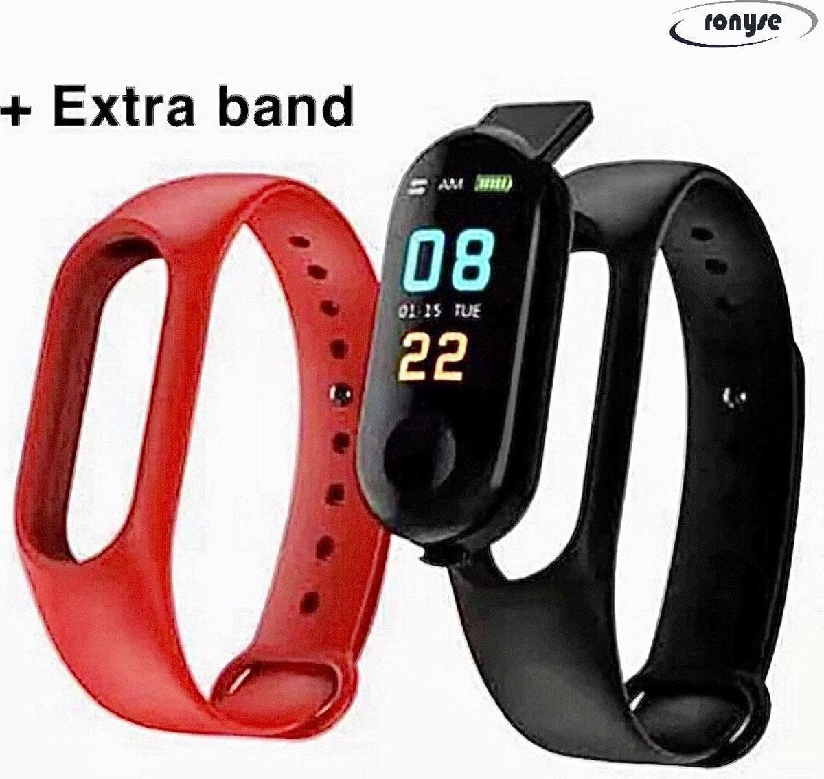 Stappenteller Zwart met extra Rode band - Calorieënmeter - Hartslagmeter - Sport horloge - Bloeddrukmeter - Afstandmeter - Smart Bracelet - IOS & Android - New Model 2020 - Voor Heren en Dames