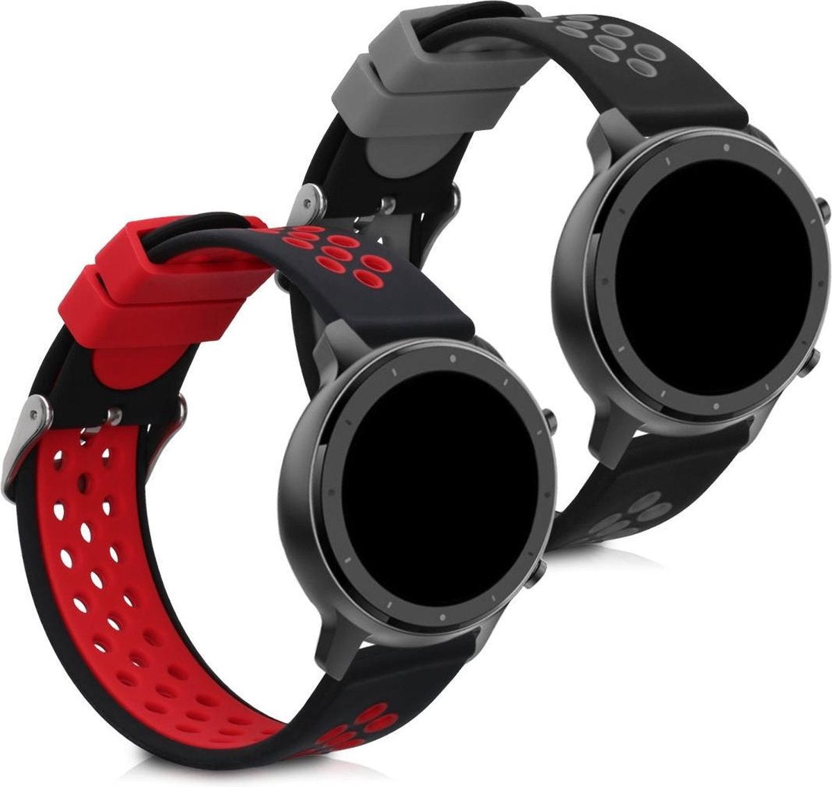 kwmobile 2x horlogeband voor Huami Amazfit GTR (47mm) / GTR 2 / GTR 2e - siliconen band voor fitnesstracker - zwart / rood / zwart / grijs