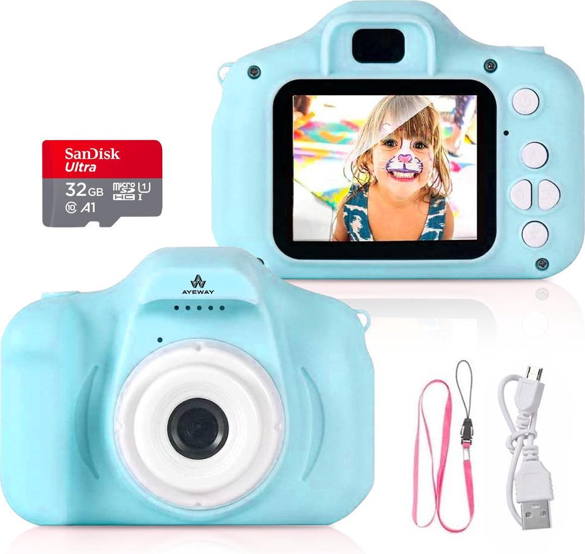 AyeWay Digitale Kindercamera HD 1080p - Vlog Camera voor Kinderen - Digitaal Kinderfototoestel - Klein Formaat Speelgoed Camera - Blauw