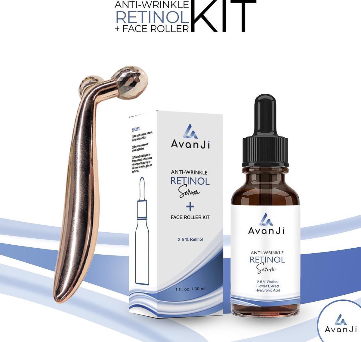 AvanJi Anti Rimpel Serum met Gezichtsroller– Gezichtsverzorging – Met vitamine E & Retinol – Anti rimpel – Parfumvrij – Hydraterend – Huidverzorging – Collageen – Anti Acne