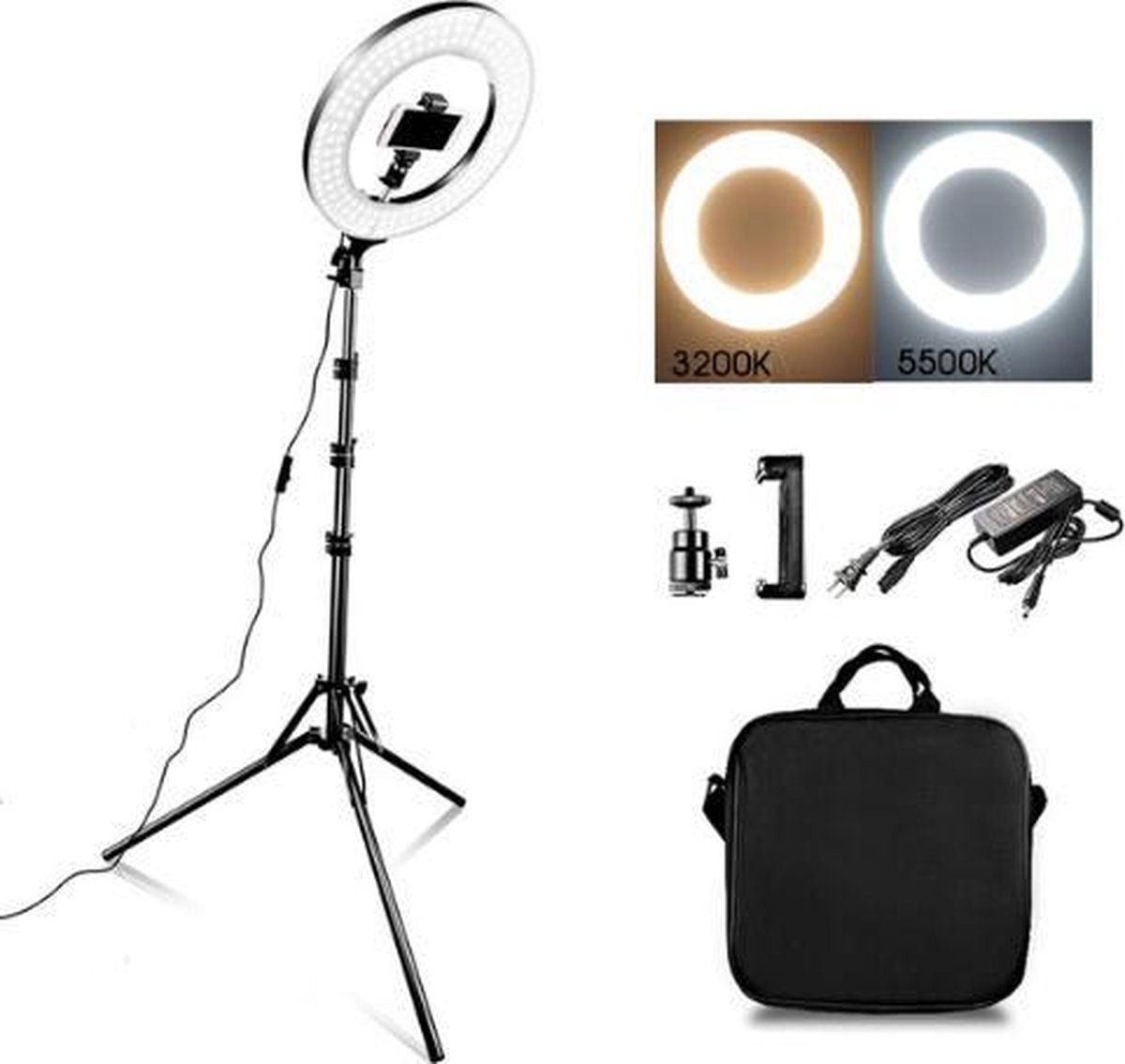Grandecom 14inch Ringlamp - LED - Statief - Vlog - Make-up - Tik Tok - Instagram - Snapchat - Telefoonhouder - Professioneel - Hoge kwaliteit