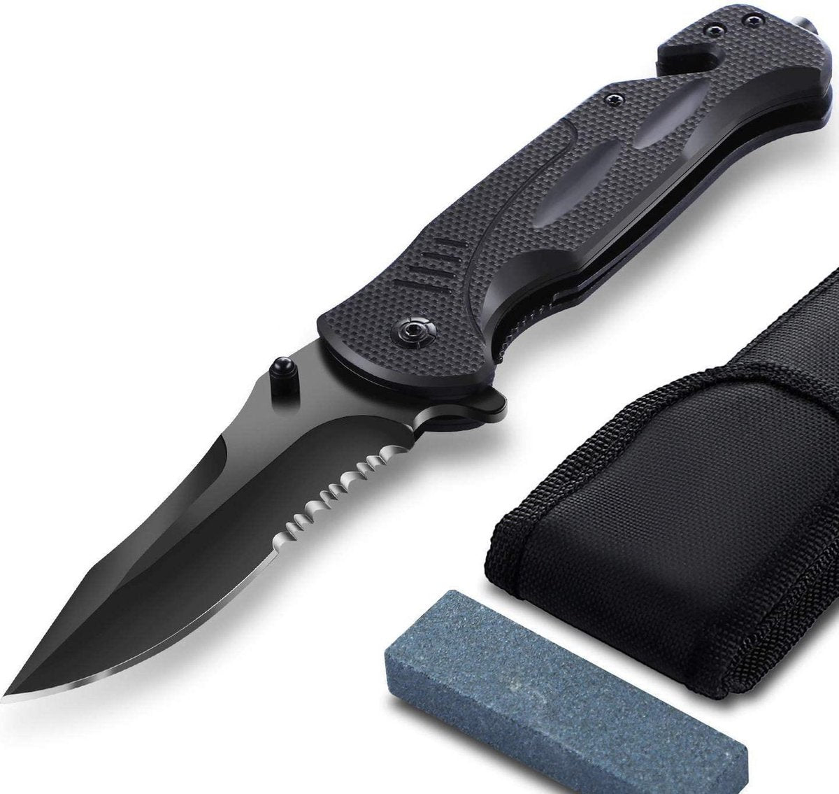 Sefaras Survival Zakmes met slijpsteen - Inklapbaar - Broekclip - Voor kamperen - RVS - Zwart