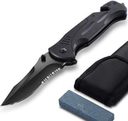 Sefaras Survival Zakmes met slijpsteen - Inklapbaar - Broekclip - Voor kamperen - RVS - Zwart
