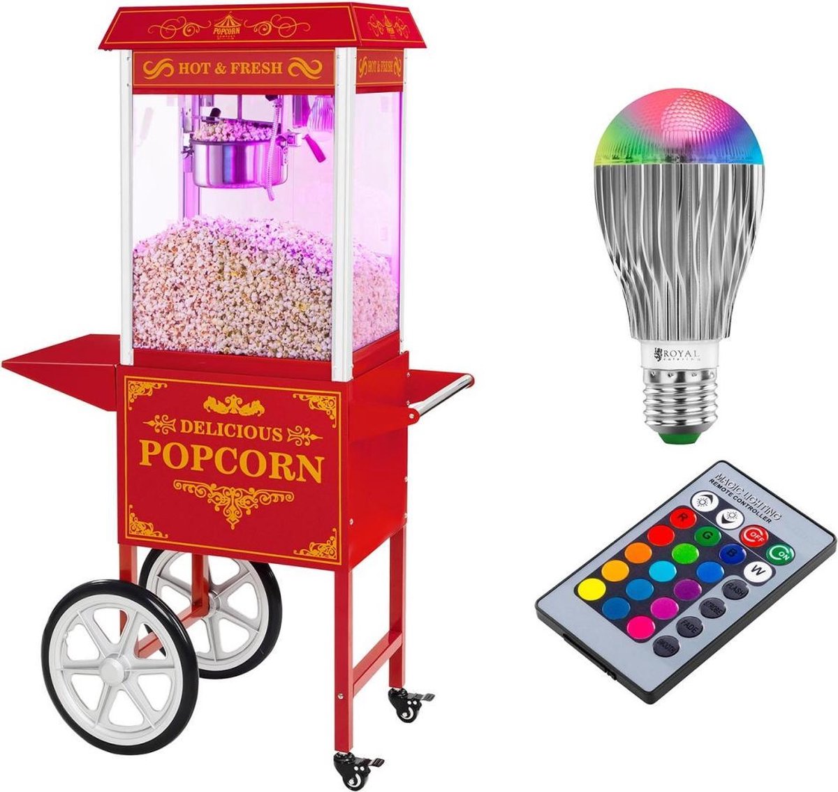 Royal Catering Popcorn Machine met onderstel und LED-belichting - Retro-Design - rood