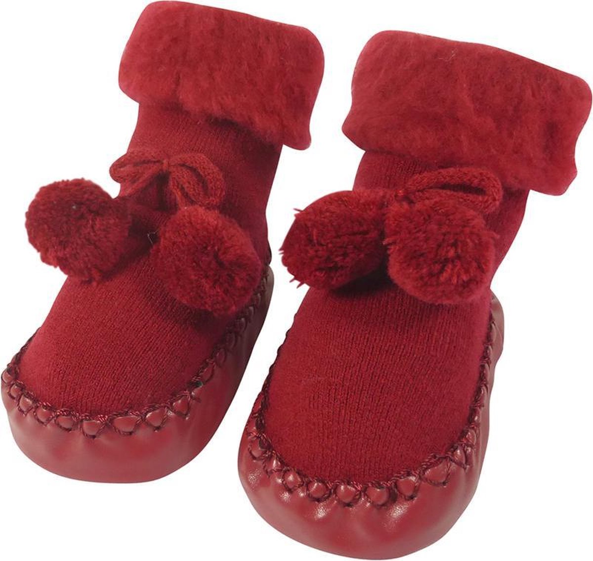 Babyslofjes Strik met Pompons Rood - Anti-slip - 4-9 maanden