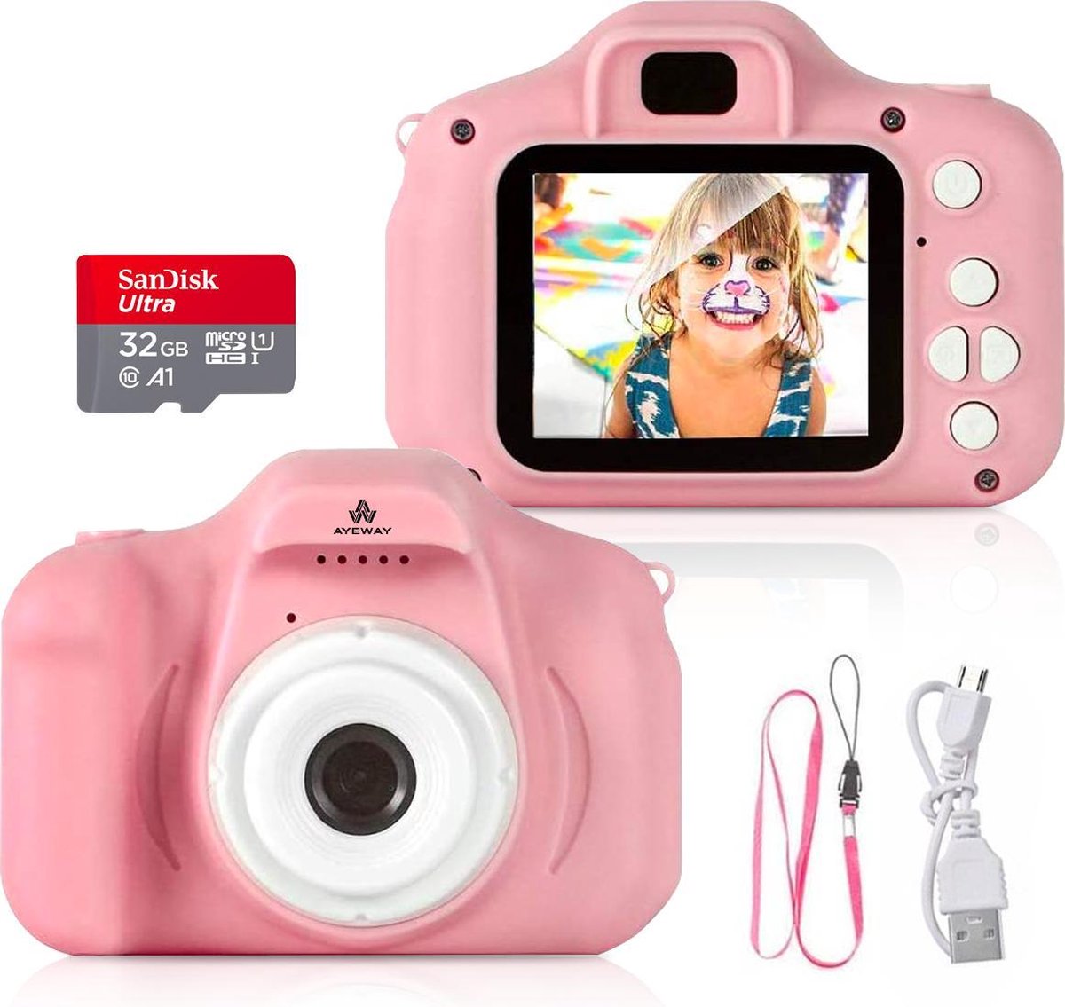 AyeWay Digitale Kindercamera HD 1080p - Vlog Camera voor Kinderen - Digitaal Kinderfototoestel - Klein Formaat Speelgoed Camera - Roze