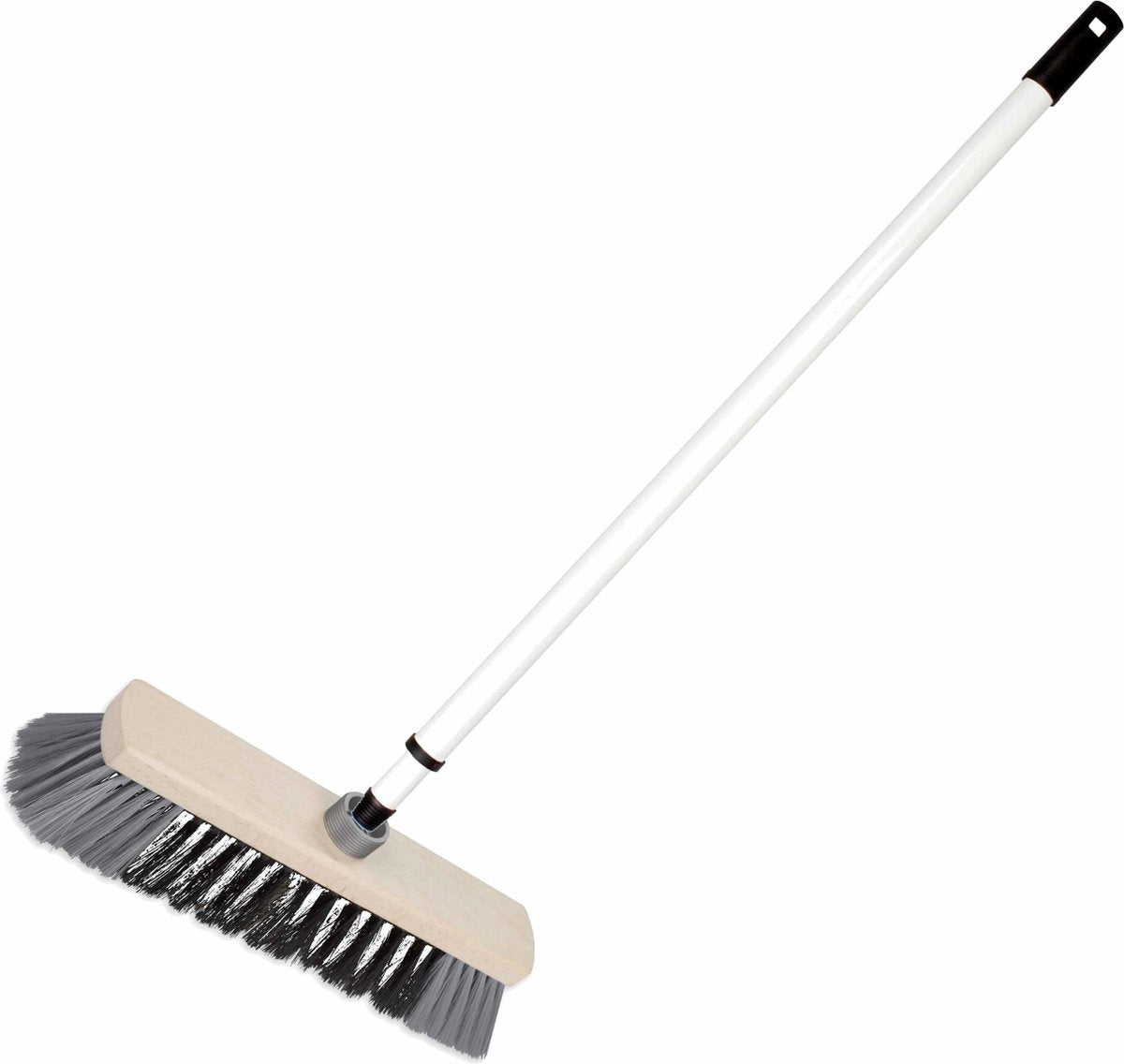 Houten binnenbezem synthetisch 29 cm inclusief metalen telescoopsteel wit/grijs 80 - 130 cm - Zachte kamerbezems