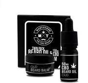 Baardolie en baardbalsem met CBD. Speciale gift-set. Unieke heerlijke mannelijke geur OUD. Met gratis luxe Safety Razor!
