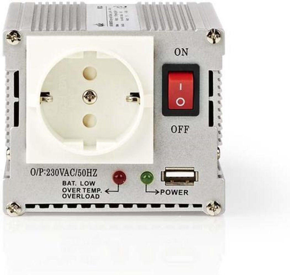Inverter Gemodificeerde Sinusgolf | Ingangsvoltage: 12 VDC | Apparaat stroomoutput: 1 | 230 V ~ 50 Hz | 300 W | Piekvermogen: 600 W | Type stopcontact: F (CEE 7/3) / USB | Accuklemmen + Aansteker | Gemodificeerde sinusgolf | Zekering | Zilver