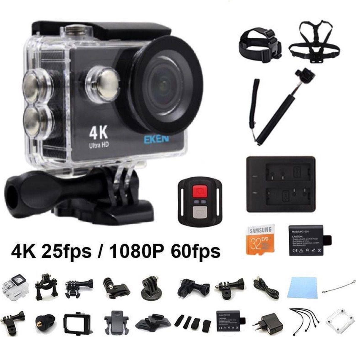 EKEN H9R 4K WiFi Action Cam met Afstandsbediening Complete Set | Lader + Extra Batterij | 32GB MicroSD Kaart | Selfie Stick | Hoofdband + Borstband + Polsband