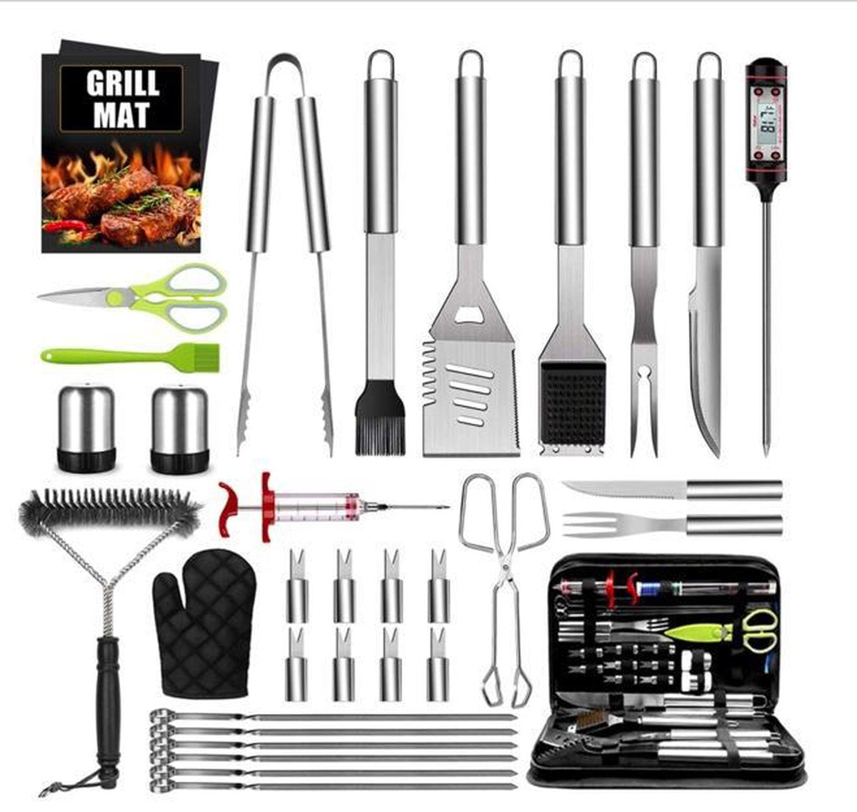 Luxergoods 34-Delige Luxe BBQ Gereedschap Accesoires Set - Barbecue Gereedschapset - Tangenset - Roestvrij Staal - BBQ Accesoires