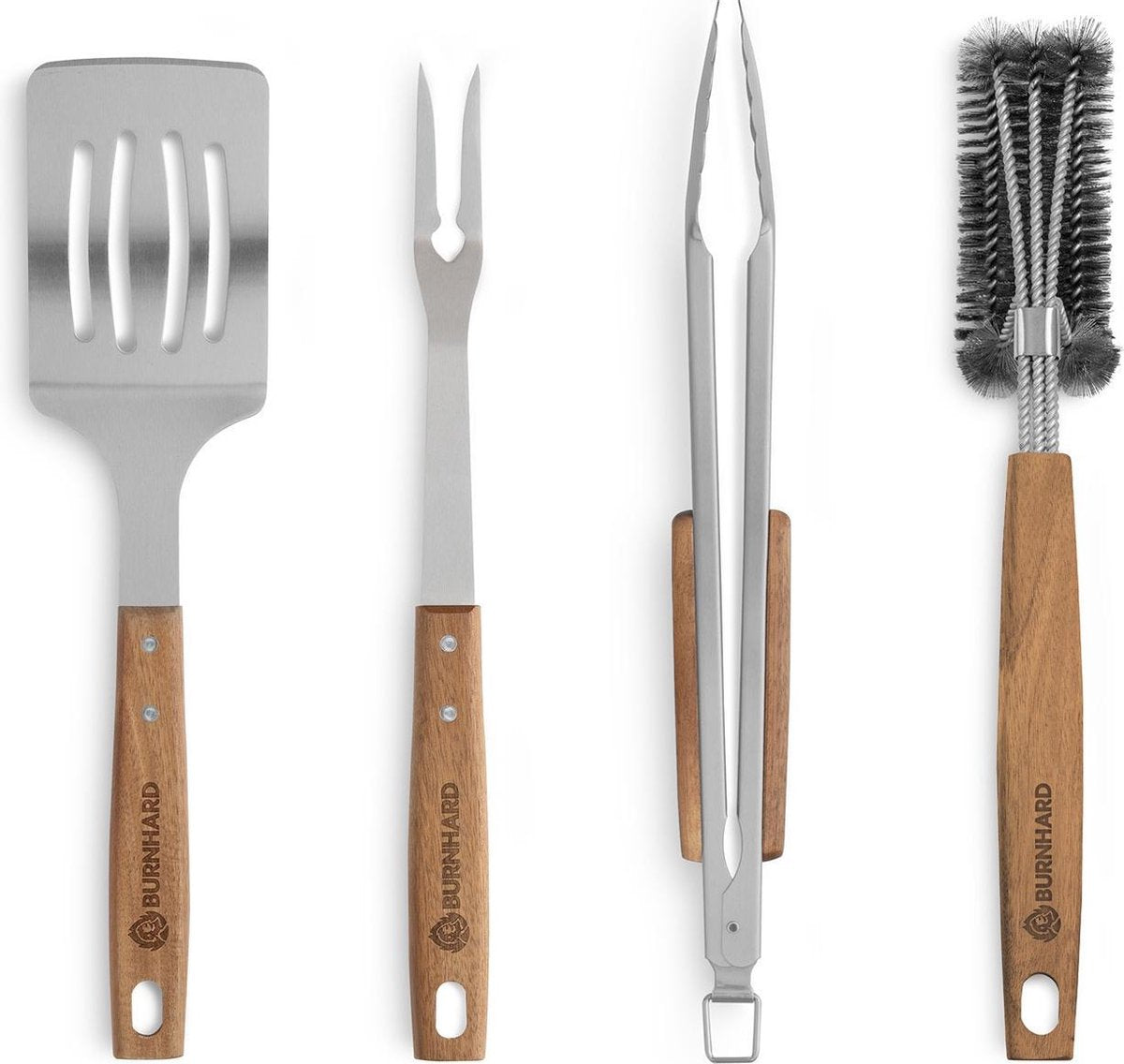 Burnhard BBQ Gereedschap - Acaciahout roestvrijstalen Grillbestek-Set 4-delig