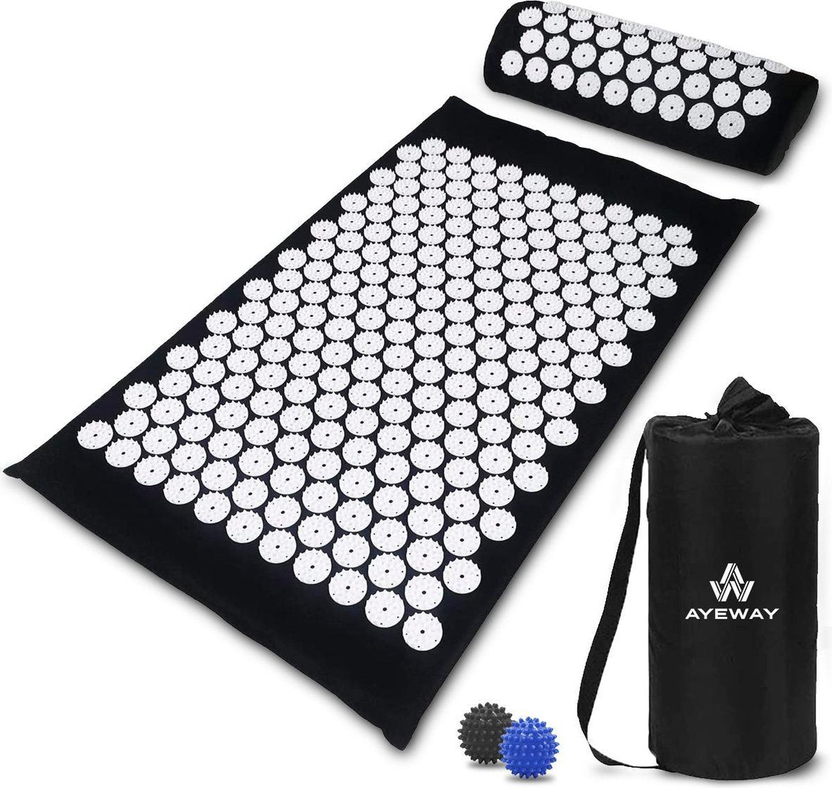 AyeWay Acupressuur Mat met Kussen - Incl. 2 Triggerpoint Ballen -  Spijkermat - Draagtas - 66x40x2cm - Zwart