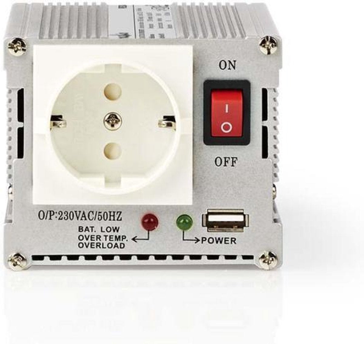 Inverter Gemodificeerde Sinusgolf | Ingangsvoltage: 24 VDC | Apparaat stroomoutput: 1 | 230 V ~ 50 Hz | 300 W | Piekvermogen: 600 W | Type stopcontact: F (CEE 7/3) / USB | Accuklemmen + Aansteker | Gemodificeerde sinusgolf | Zekering | Zilver