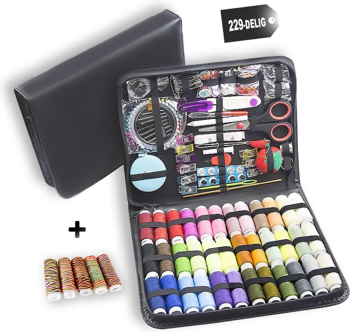 EYSLife Naaiset - 229 Delig - Inclusief 5 Exclusieve Regenboog Naaigaren - Leder - 41 Naaigaren - Naaidoos voor Handnaaimachine en Naaimachine - Garen en Naalden - Zwart
