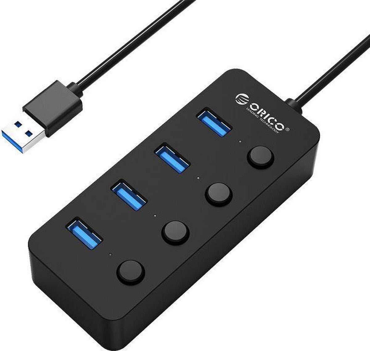 Orico  USB 3.0 Hub   4 USB 3.0 poorten - Aan/uit schakelaars - Zwart