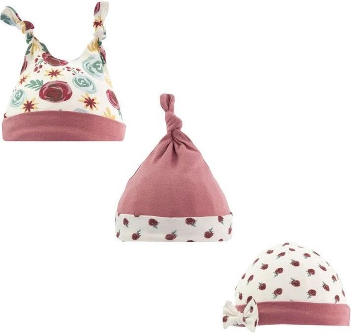 Baby meisjes  mutsjes set van 3 stuks kleur oud roze maat 0-9 maanden|Lot de 3 bonnets bébé fille