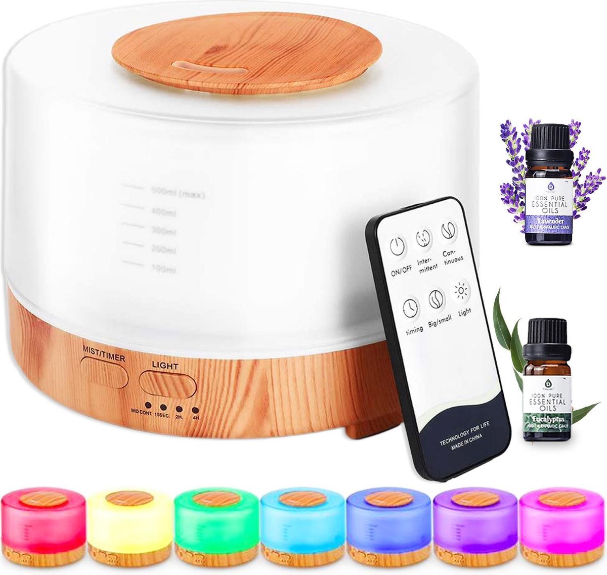 Lifest Aroma Diffuser 700ML - incl. Lavendel en Eucalyptus Etherische Olie - met Afstandsbediening - 7 Lichten