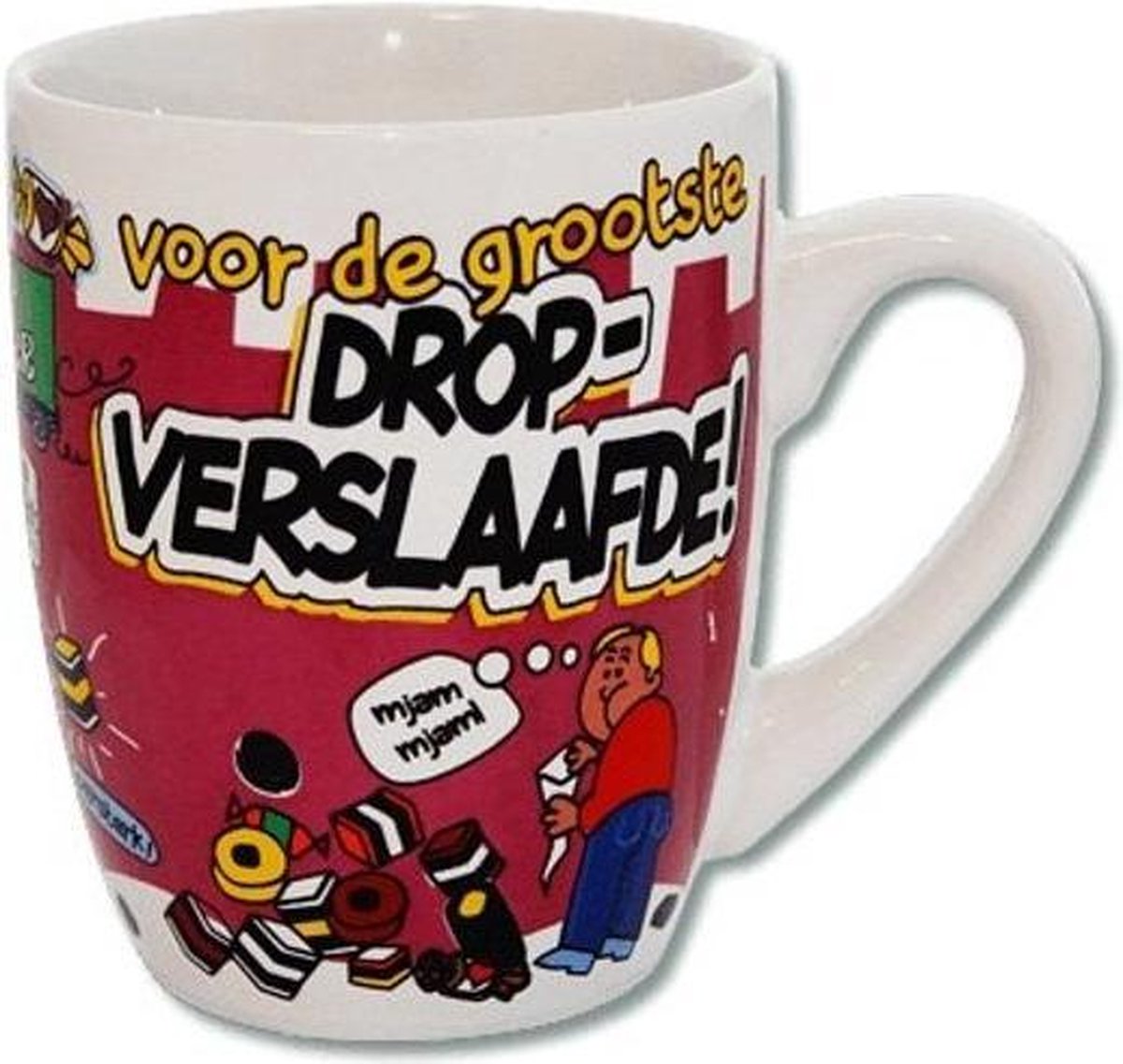 Mok - Cartoon Mok - Voor de grootste dropverslaafde - Gevuld met verpakte Italiaanse bonbons - In cadeauverpakking met gekleurd krullint