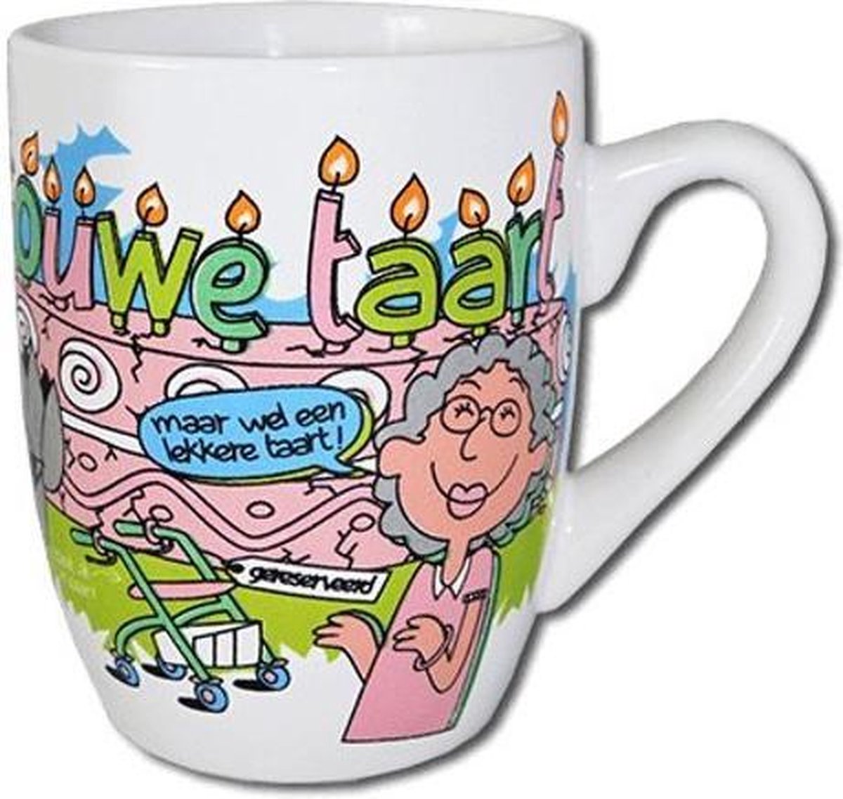 Mok - Cartoon Mok - Ouwe taart - Gevuld met droplullen - In cadeauverpakking met gekleurd lint