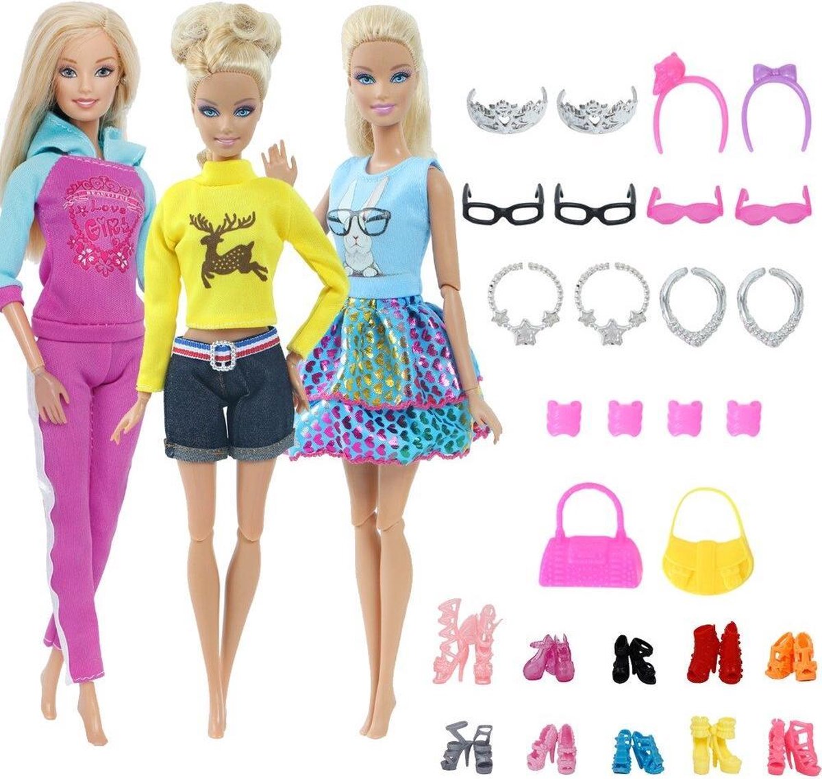 Dolldreams - Set met 3x Kleertjes en Accessoires - Voor Barbie