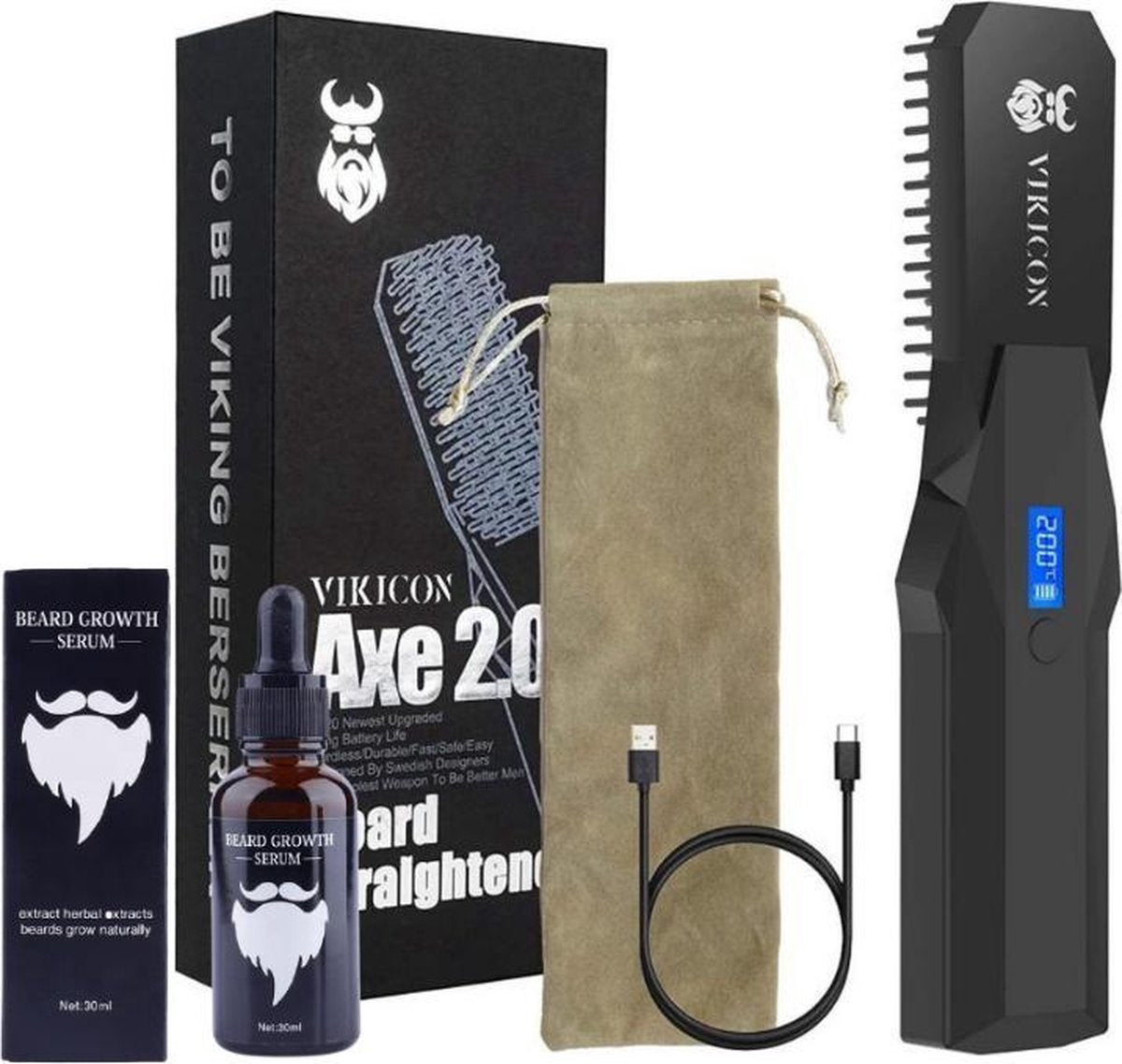 Vikicon AXE 2.0 + Baard groei olie serum - Proffesionele Snoerloze Baardstijler - Baardstyler Haarstijler - Oplaadbaar elektronische Baardkam - Batterij LCD-Scherm - Snoerloos baardborstel Stijltang - Baardverzorging