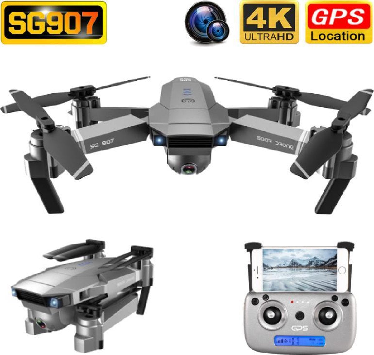 SG907 Smart Drone – 4K Dual Camera Wide Angle – 50x Zoom - 5G Wifi FPV – 36 Minuten Vliegtijd - Gratis Extra Accu