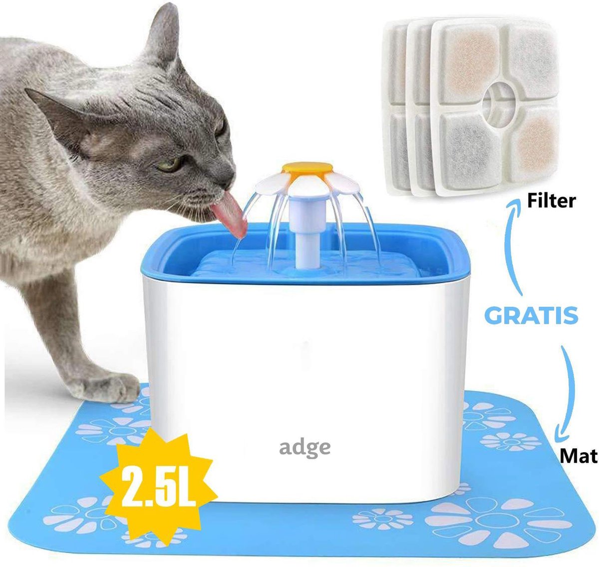 Adge Drinkfontein Voor Kat/Hond Incl. 3 Filters - Wit/Blauw - 2