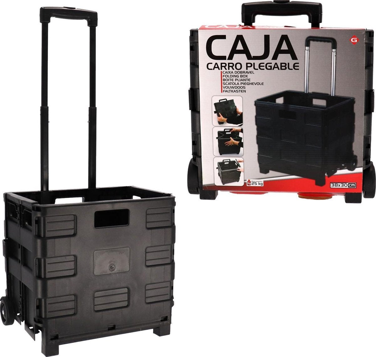 Opvouwbare Krat Op Wielen 38x30cm - Vouwkrat - Inklapbare Boodschappenkrat Met Handgreep - Boodschappen Trolley - Zwart