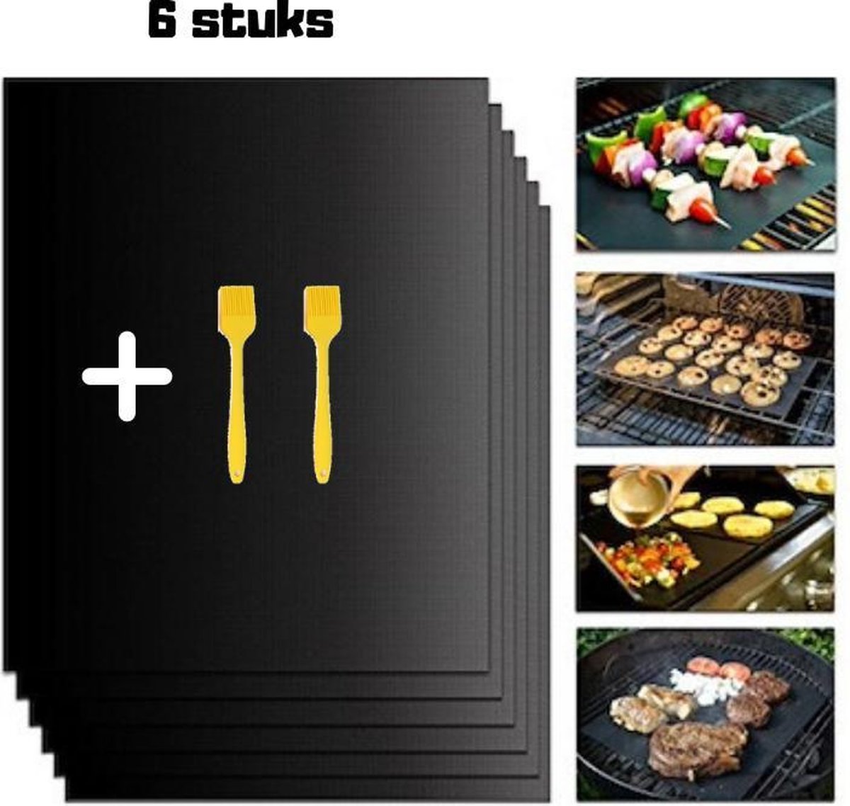 Premium Teflon bakmat (set van 6) met 1 Gele Siliconen Bakkwast - Premium kwaliteit - BBQ - Grillen - barbecue - ovenbeschermer - barbecue accesoires - gereedschap - beschermhoes - Oven - Grill - Koken - Verbeterde kwaliteit