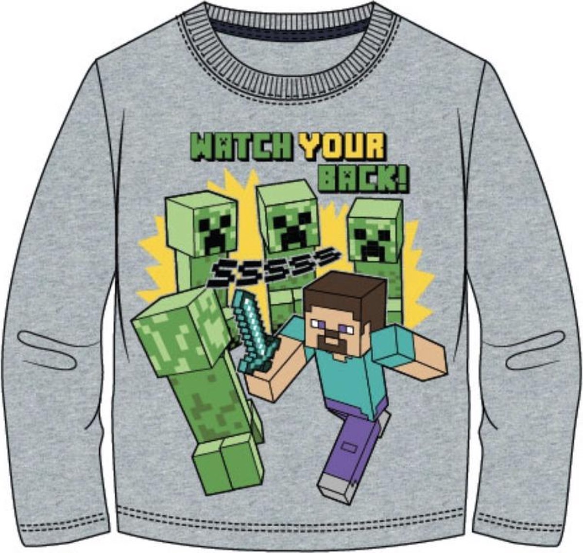 Minecraft t-shirt lange mouw - grijs - met Steve en creepers - 152 / 12 jaar