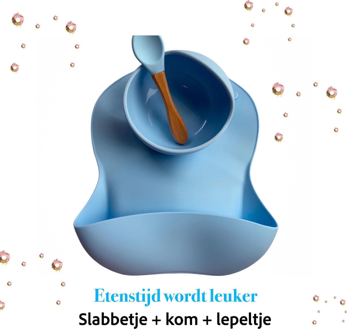 MORFRE Siliconen Kinderservies-Baby Siliconen Set -Slabbetje-Bord-lepeltje-Bestek-Slabbetje met Opvangbakje-Spuugdoekje-Kom met Zuignap-BPA vrij-Eco Friendly-Waterproof-Food Grade Silicone-Bowl-Bib- Blauw.