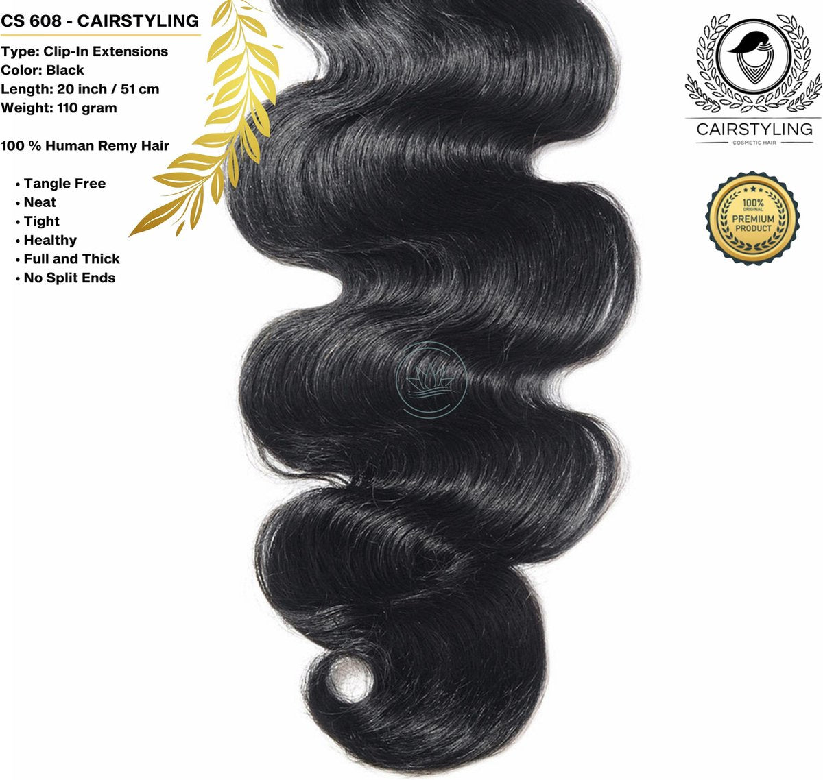CAIRSTYLING Premium 100% Human Hair | Black Clip-in Hair Extensions CS608| 110 Gram | 51 CM (20 inch) | Haarverlenging | Best Quality Hair Long-term | Black Remy Clip Ins | Natuurlijke Haarverlenging | Inclusief Velvet Bag