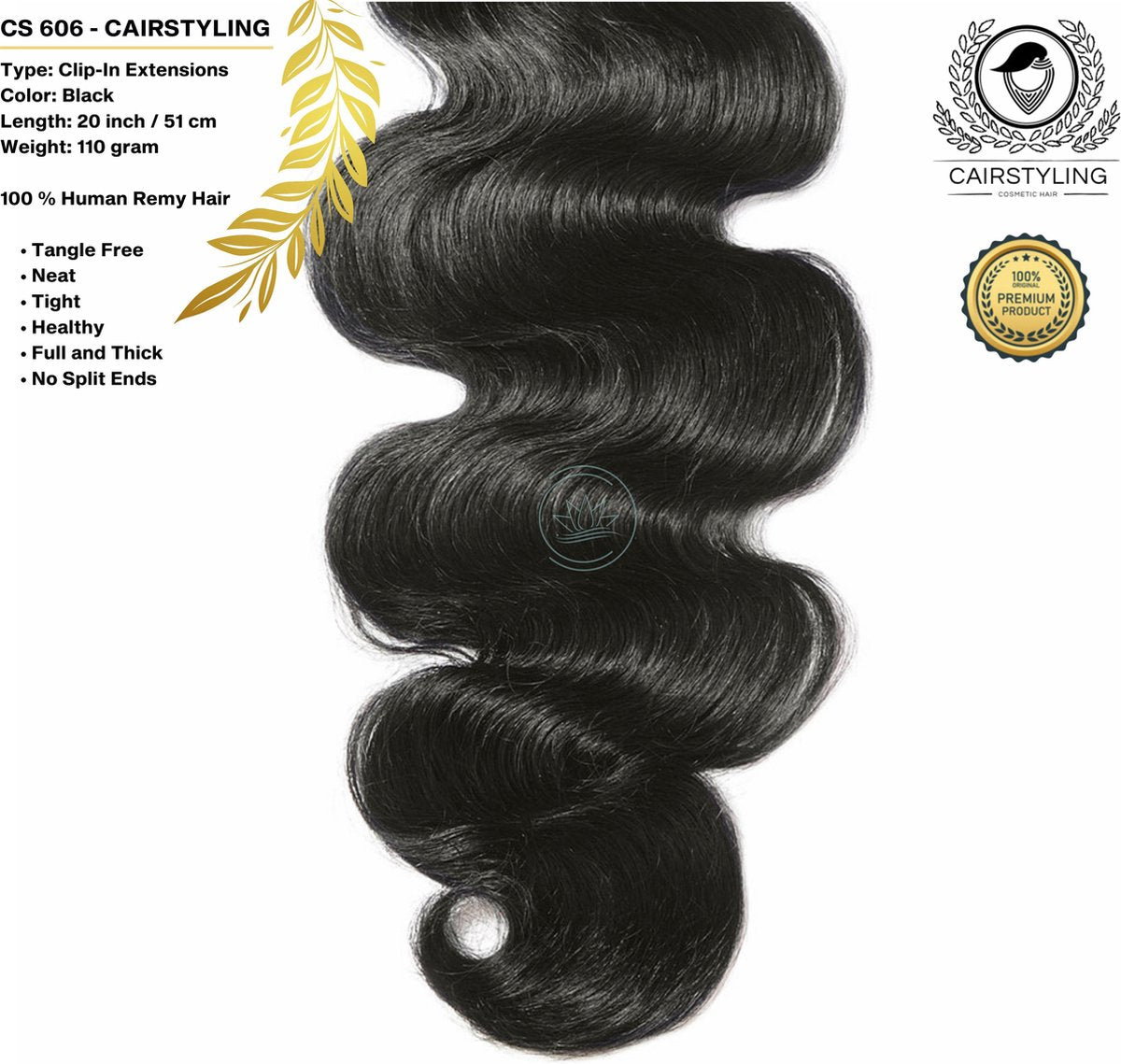 CAIRSTYLING Premium 100% Human Hair | Black Double Drawn Remy Clip-in Hair Extensions CS606| 110 Gram | 51 CM (20 inch) | Haarverlenging | Long Term Quality Hair| Black Remy Clip Ins | Natuurlijke Haarverlenging | Inclusief Velvet Bag