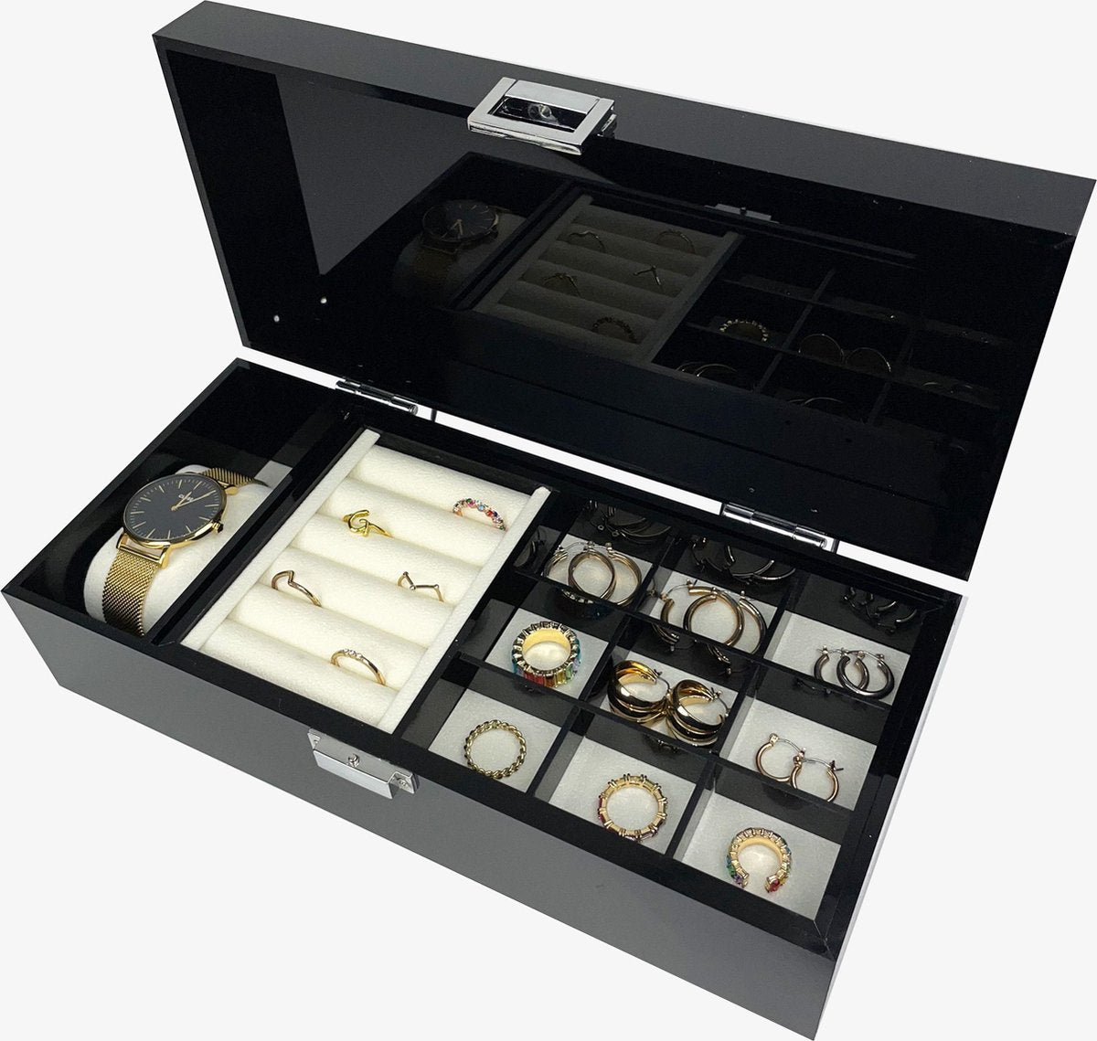 Sieradendoos Faya | Met anti-slip mat Vakjes voor ringen en sieraden | Zwart | Acryl |Sieraden organizer | Jewellery organizer | Sieraden opbergen | Horloge opbergen | Ringen display | Opbergbox | Jewelery organizer | Organizer | Velvet onderkant |