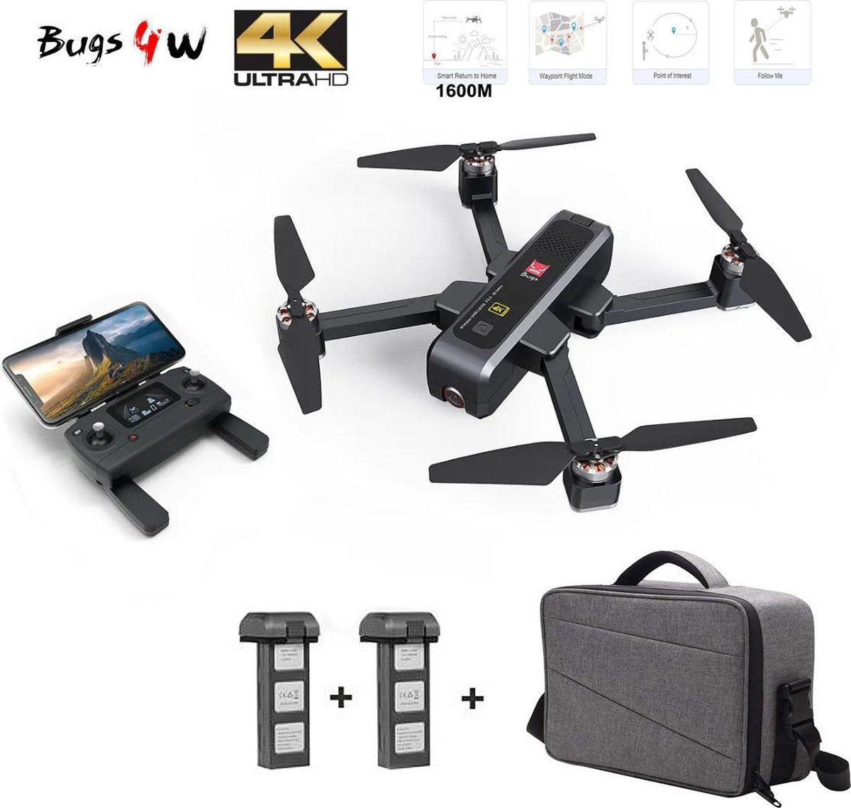MJX B4W Drone quadcopter - 4K ULTRA HD Camera- 5G Wifi FPV - Brushless motor - GPS 1.6km - opvouwbaar - Extra ACCU + opbergtas (upgrade versie)