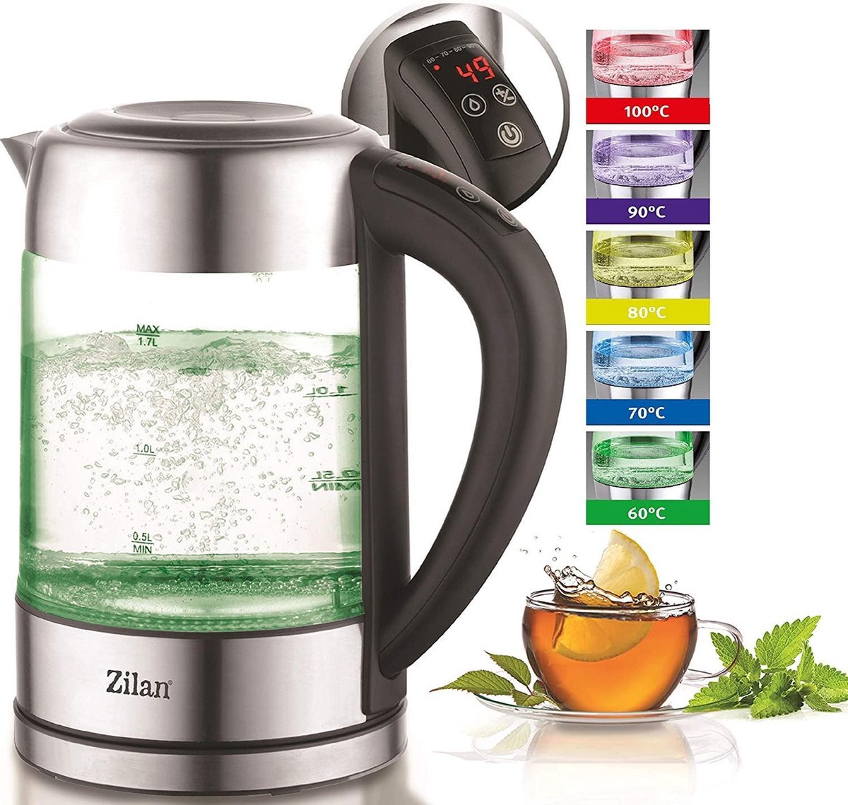 Zilan | Glazen waterkoker met temperatuurregeling  - 1.7 liter - Kettle - warmhoudfunctie