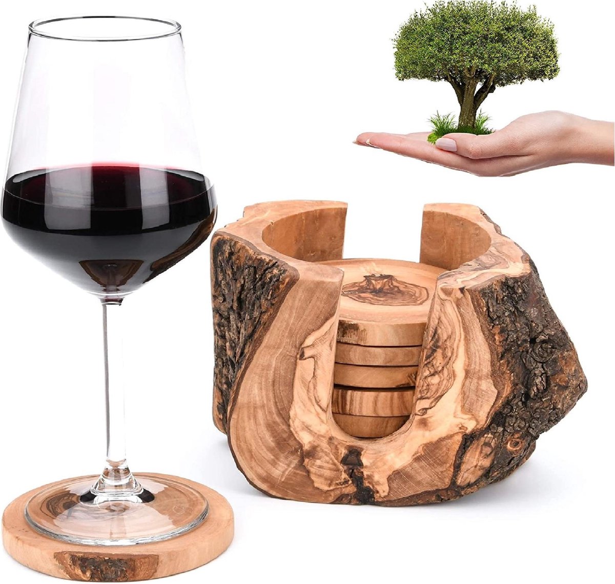 OLIVIEU ~ Luxe Houten / Olijfhouten Onderzetters & Onderleggers voor Glazen ~  6 Stuks met Houder ~ Coaster Rustique ~ Duurzaam Kado Interieur