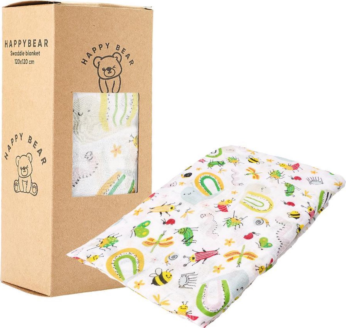 HappyBear - Hydrofiele swaddle doek – Insecten | 120cm x 120cm | Inbakerdoek