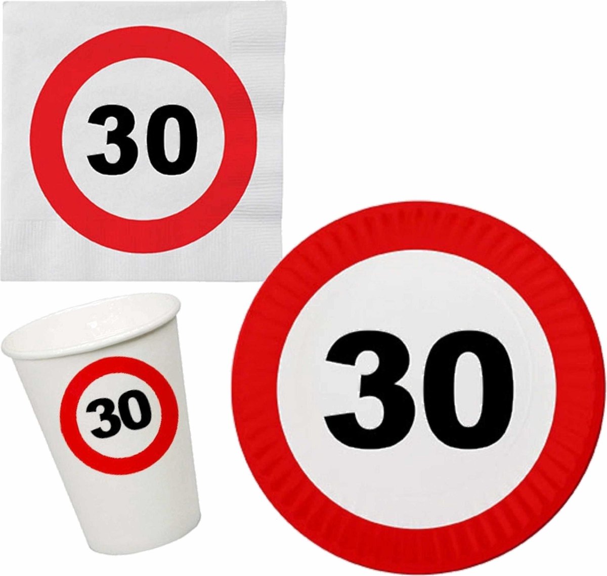 Verjaardag feestartikelen tafel dekken set 30 jaar verkeersbord/stopbord thema - 24x bordjes - 24x bekertjes - 32x servetten